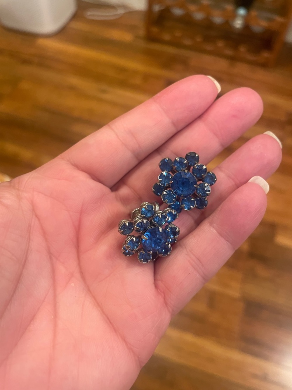 Source Unknown Deep Blue Crystal Flower Clip-On Earrings